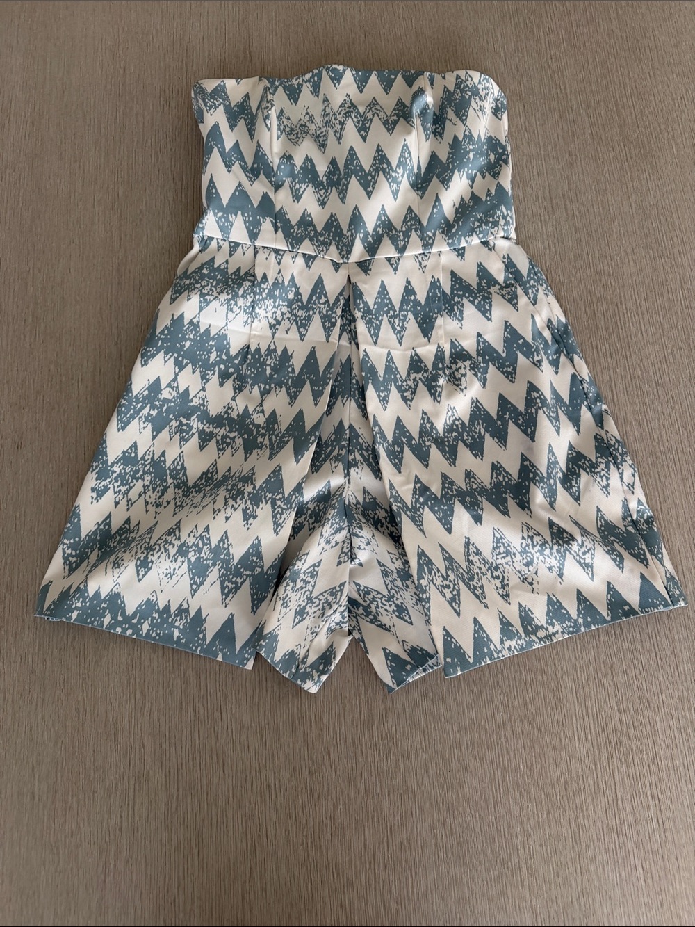 High-Waist Strapless Shorts Romper in Blue Zigzag